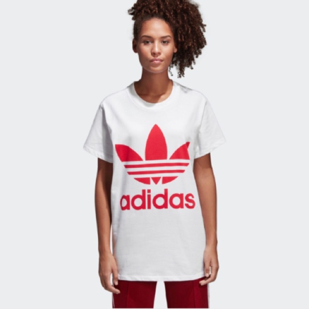 Adidas Originals White T-Shirt with Pink Logo